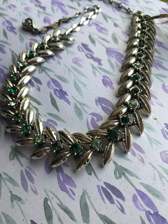 Vintage 50’s 60’s Coro Jewelcraft Leaf Green Gems… - image 5