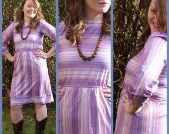 Vintage 70's Lilac Purple Blue Shimmery Striped Disco Dress Retro Metallic Tunic Dolly Medium UK Size 12-14