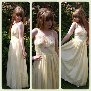 Vintage 50&#39;s Pale Yellow Peach and Pink Floral Prom Dress Wedding Bridesmaid Lemon Full Skirt Fairycore Lemon