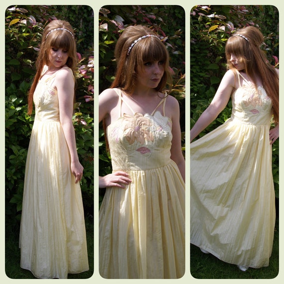 Vintage 50's Pale Yellow Peach and Pink Floral Pr… - image 1