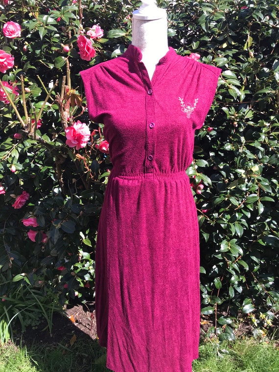 Vintage 70’s Dark Red Gold Towelling Midi Dress F… - image 2