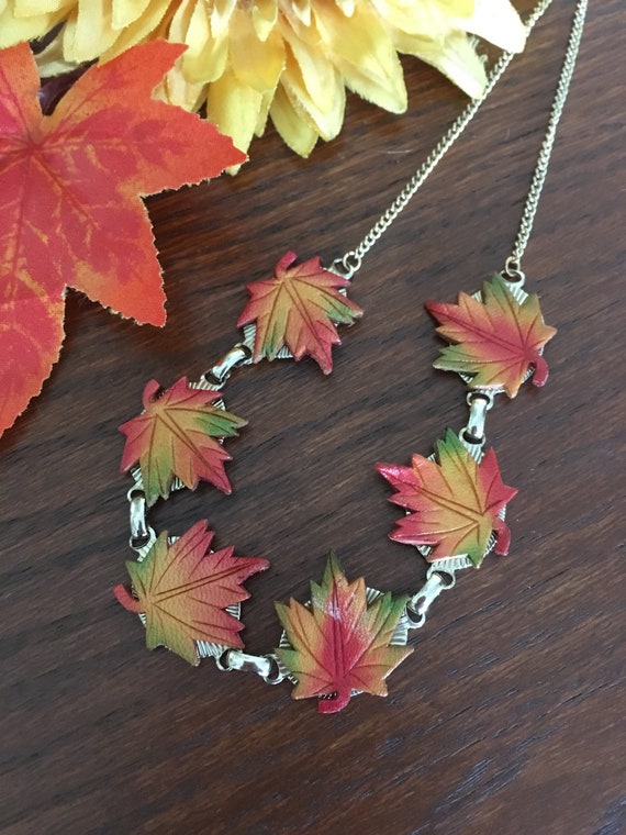 Vintage 70's Orange Red Maple Leaf Necklace Autumn