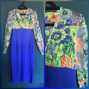 Vintage 60’s 70’s Blue Green Floral Maxi Dress Psychedelic Petite XS Boho Hippy