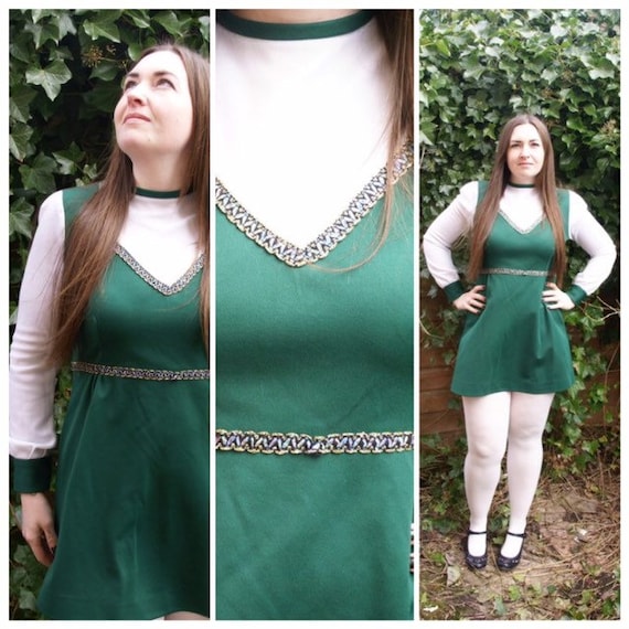 Vintage 60's Dark Green & White Mini Dress Mod Lur