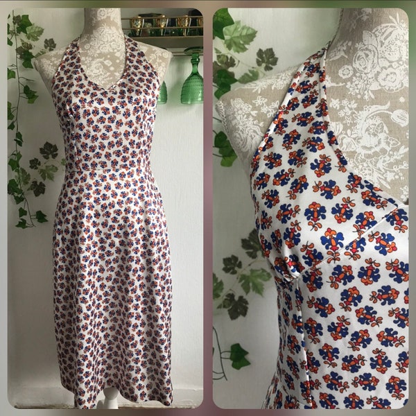 Vintage 70’s White Blue Orange Floral Sun Dress Halter Neck Beach Summer Cute Mini UK Size 8 10
