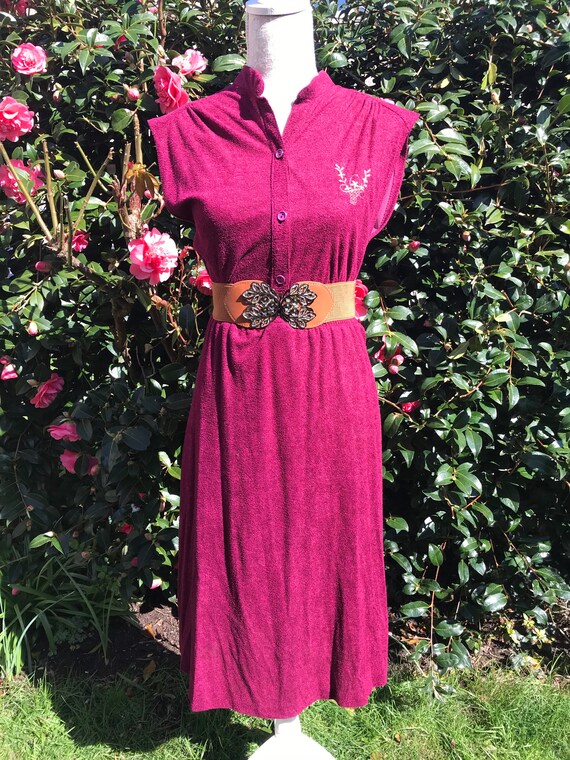 Vintage 70’s Dark Red Gold Towelling Midi Dress F… - image 3