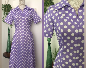 Vintage 60s Purple White Polka Dot Lilac Shift Dress Dagger Collar Crimplene Spotty Mod