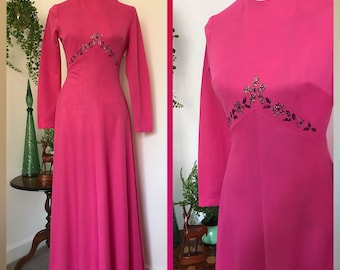 Vintage 70s Cerise Pink Glitter Maxi Dress Boho Witch Long Sleeved Hippy Crimplene Christmas Festive Sparkly Glam