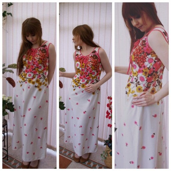 Vintage 70's White & Pink Daisy Print Beaded Maxi Dress Pearls Floral Wedding Boho Festival Bride Hippie YK Size 8 10 Daisy Jones