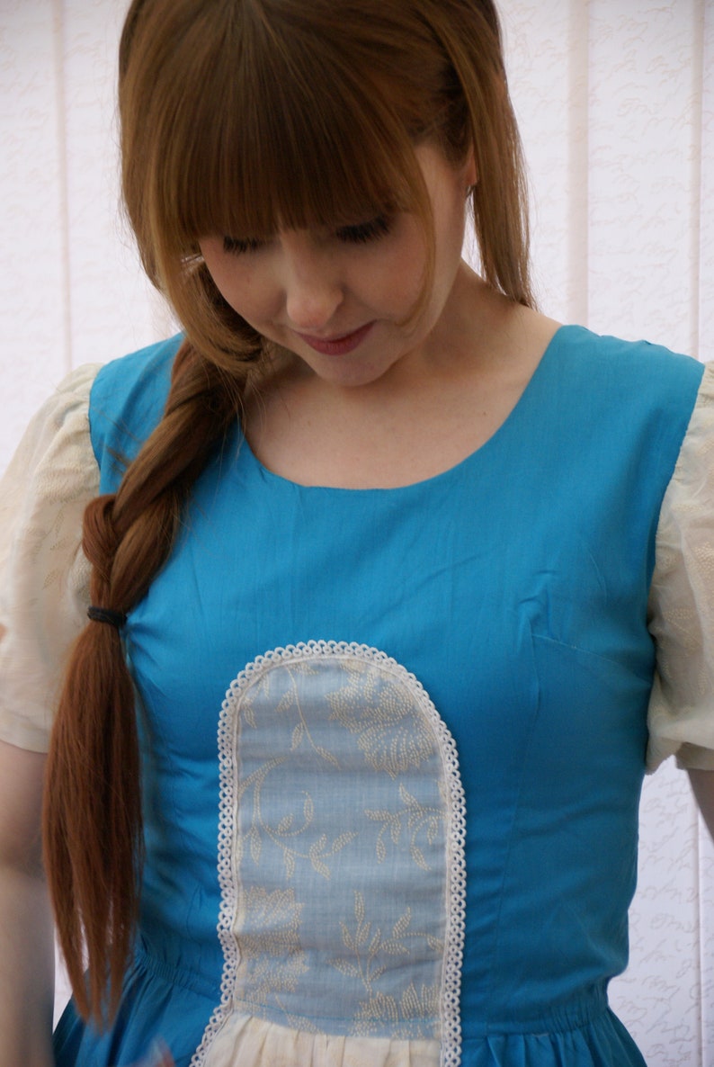 Vintage 70/'s Blue /& White Prairie Dress Lace Boho Anna Frozen Maiden Peasant Gypsy Square Dancing