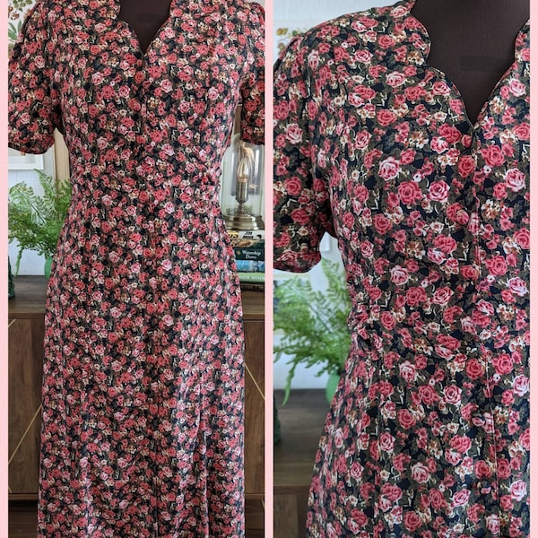 Vintage 80s 90s Charlotte Halton Pink Green Black Floral Button Down Maxi Dress Tea Party Tie back belted UK Size 10 12 Grunge