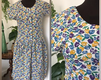 Vintage 70’s White Purple Yellow Floral Tulip House Dress Spring Pockets Button Up Cotton Plus Size UK 18 20 Midi