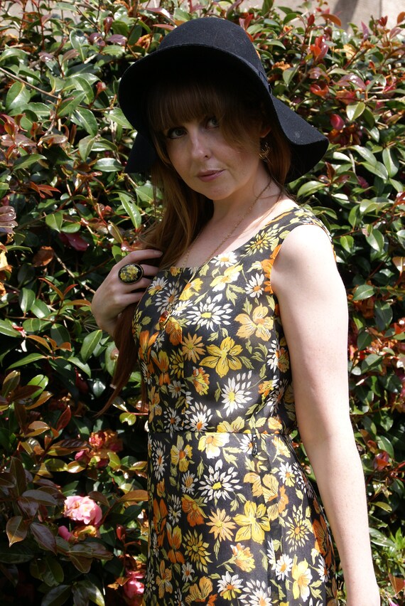 Vintage 60's 70's Black Yellow & Orange Floral Fl… - image 4