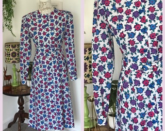 Vintage 70s White Pink Blue Green Floral Belted Midi Secretary Dress Deadstock Office Retro Gordon Wyattt