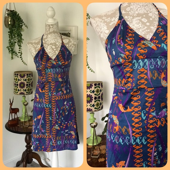 Vintage 90's Blue Purple Orange Goldfish Pattern Halterneck Mini Dress  Babydoll Beach Cover up Novelty Fish Seaside Pin up Nautical - Etsy