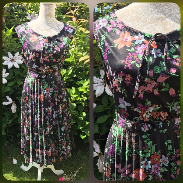 Vintage 60’s Black Green Purple Floral Pleated Belted Dress Fit & Flare Pin Up Garden Party Wedding Fairycore