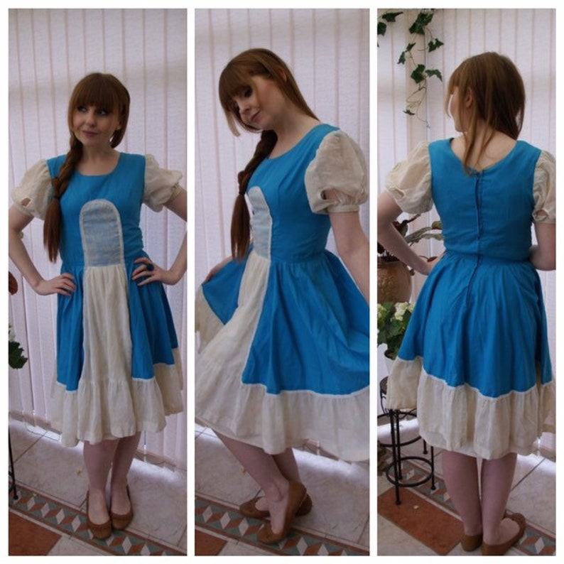 Vintage 70/'s Blue /& White Prairie Dress Lace Boho Anna Frozen Maiden Peasant Gypsy Square Dancing