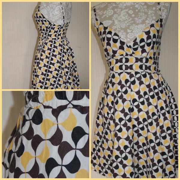 Retro 50's Style Pop Boutique Yellow & Brown Patterned Swing Dress Vintage Re-purposed Festival