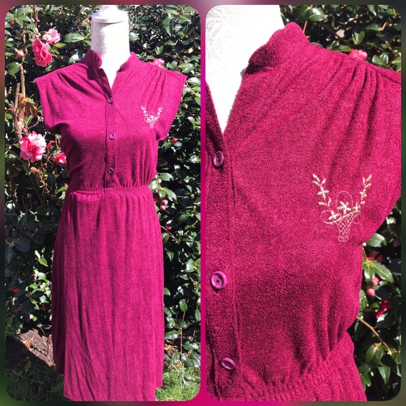 Vintage 70’s Dark Red Gold Towelling Midi Dress F… - image 1