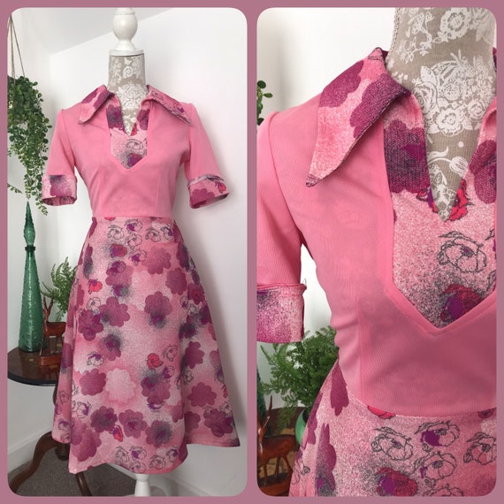 Vintage 60’s Pink Floral Mod Dress Dagger Collar P
