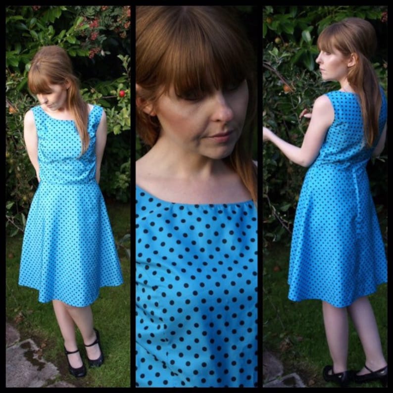 blue polka dot swing dress