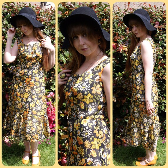 Vintage 60's 70's Black Yellow & Orange Floral Fl… - image 1