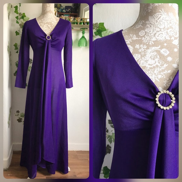 Vintage 70s Purple Maxi Dress Diamanté Witch Cascade Wedding Prom Party UK Size 10 12 Gothic Crimplene