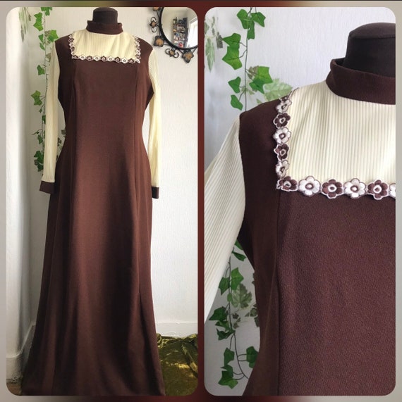 Vintage 70s Brown Cream Maxi Dress Boho 