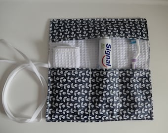 Pochette Nomade/Brosse à dents, dentifrice, serviette/Toile coton enduit/Coton nid dabeille blanc