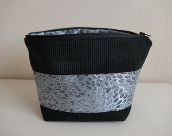 Trousse Pochette Maquillage/Velours côtelé noir/Doublure toile fantaisie/fermeture zip