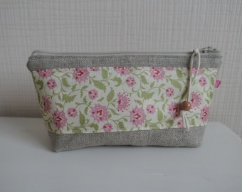 Petite Trousse Zippée/Toile Lin et Coton fleuri/Multi usages