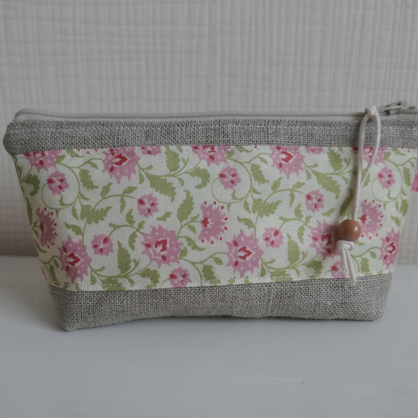 Petite Trousse Zippée/Toile Lin et Coton fleuri/Multi usages