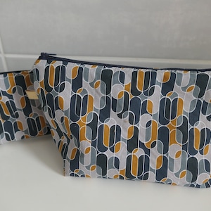 Duo toiletry bags, make-up/Printed cotton outside/Mustard colored honeycomb cotton for outside/Zip closure
