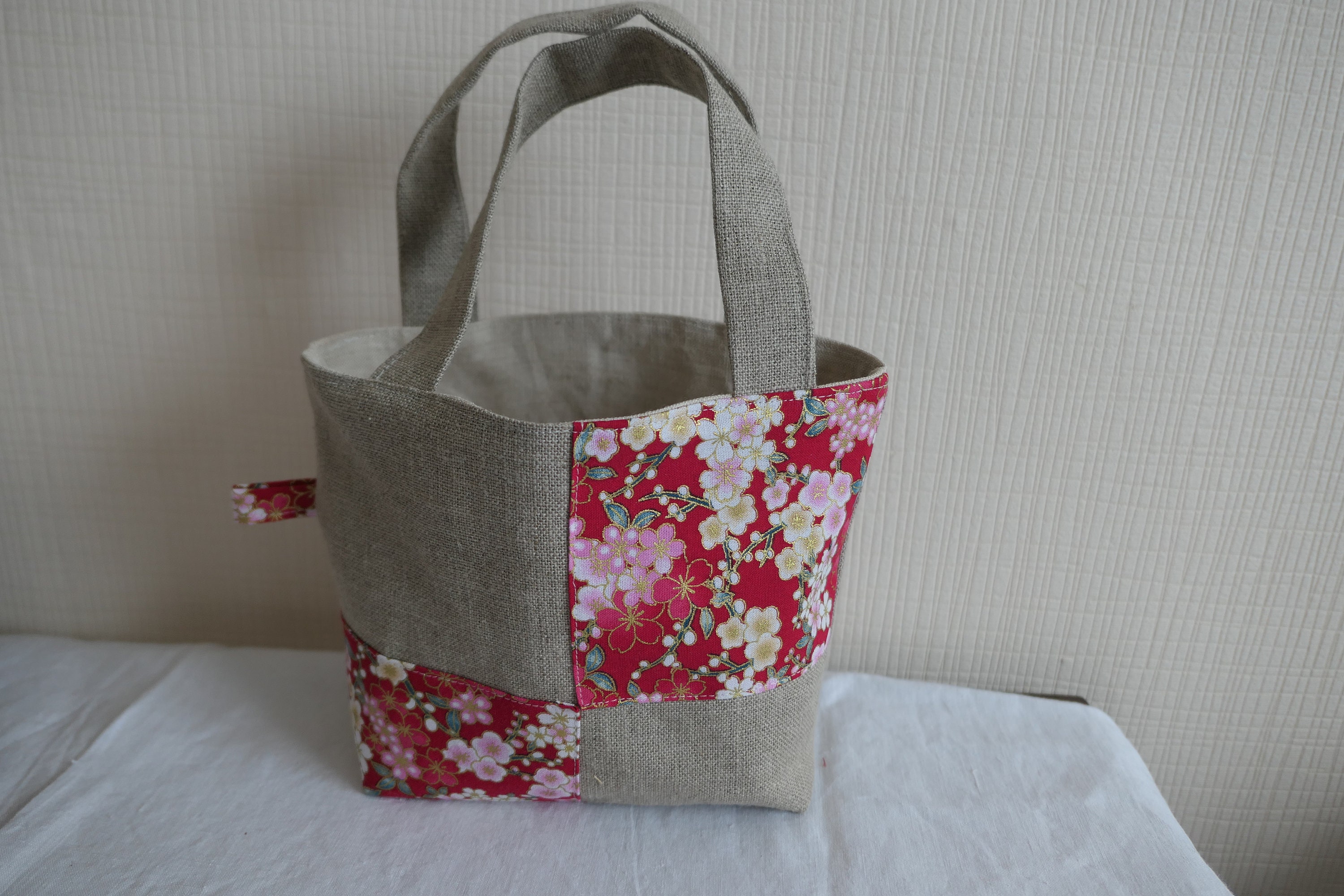 Petit Sac Panier/Toile Lin/Coton Imprimé Japonisant/Doublé Toile Écrue