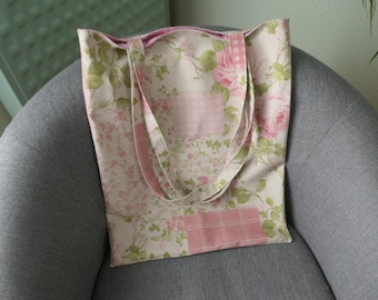 Grand sac forme " Tote Bag"/Toile tissu mélangé /Tons pastels rose et vert /Doublure en soie rose