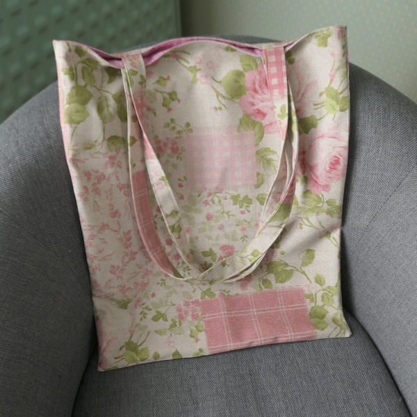 Grand sac forme " Tote Bag"/Toile tissu mélangé /Tons pastels rose et vert /Doublure en soie rose