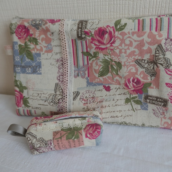 Trousse Toilette+étui à mouchoirs/Tissu coton et lin motifs "roses" et écritures/Doublée toile blanche/zippée