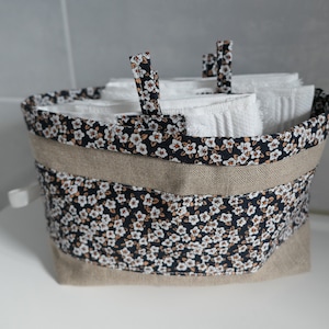 Basket +4 guest towels/White cotton terry/Floral printed cotton/Linen canvas