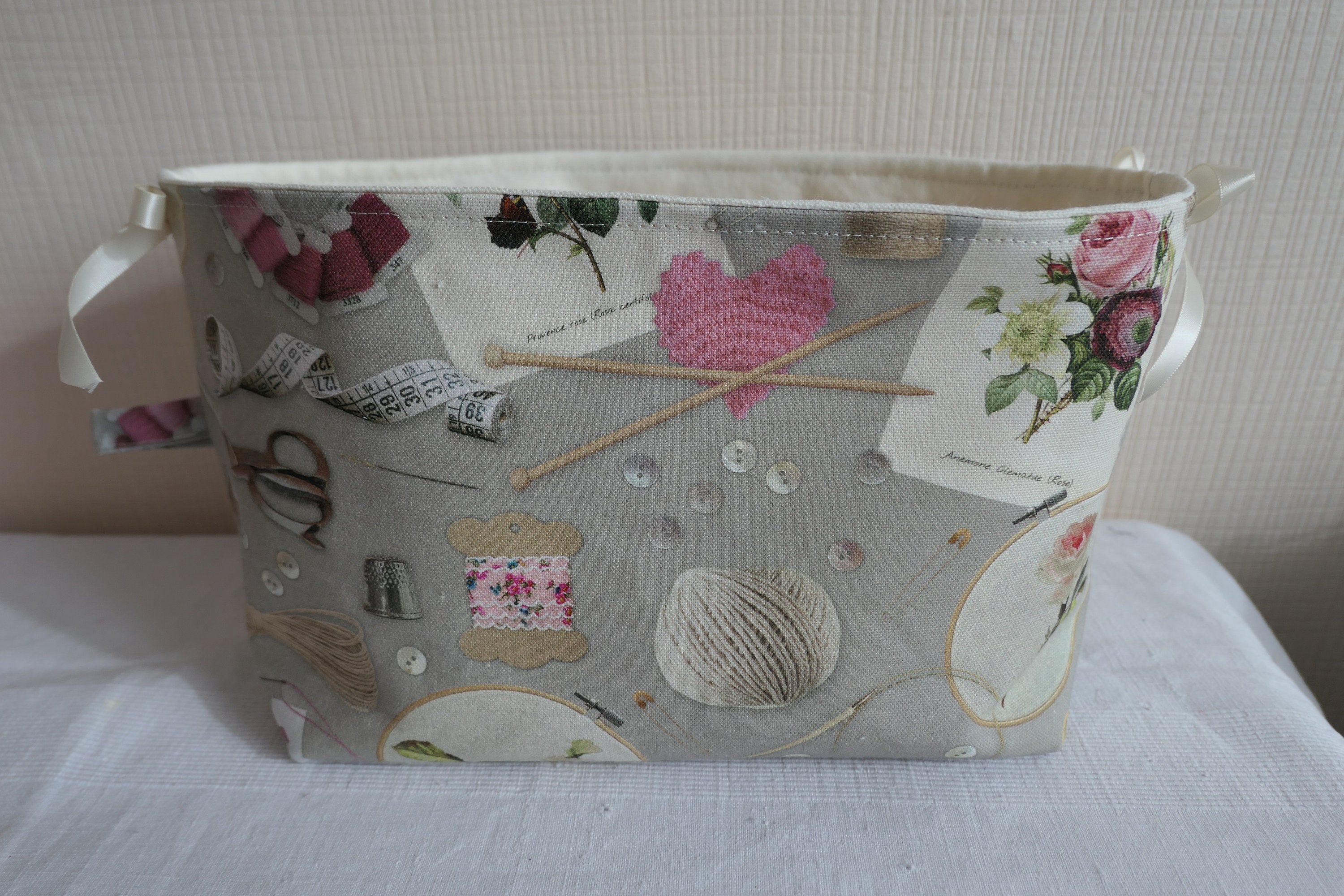 Corbeille Tricot, Couture/Tissu Coton Esprit Shabby/Doublée Toile Écru