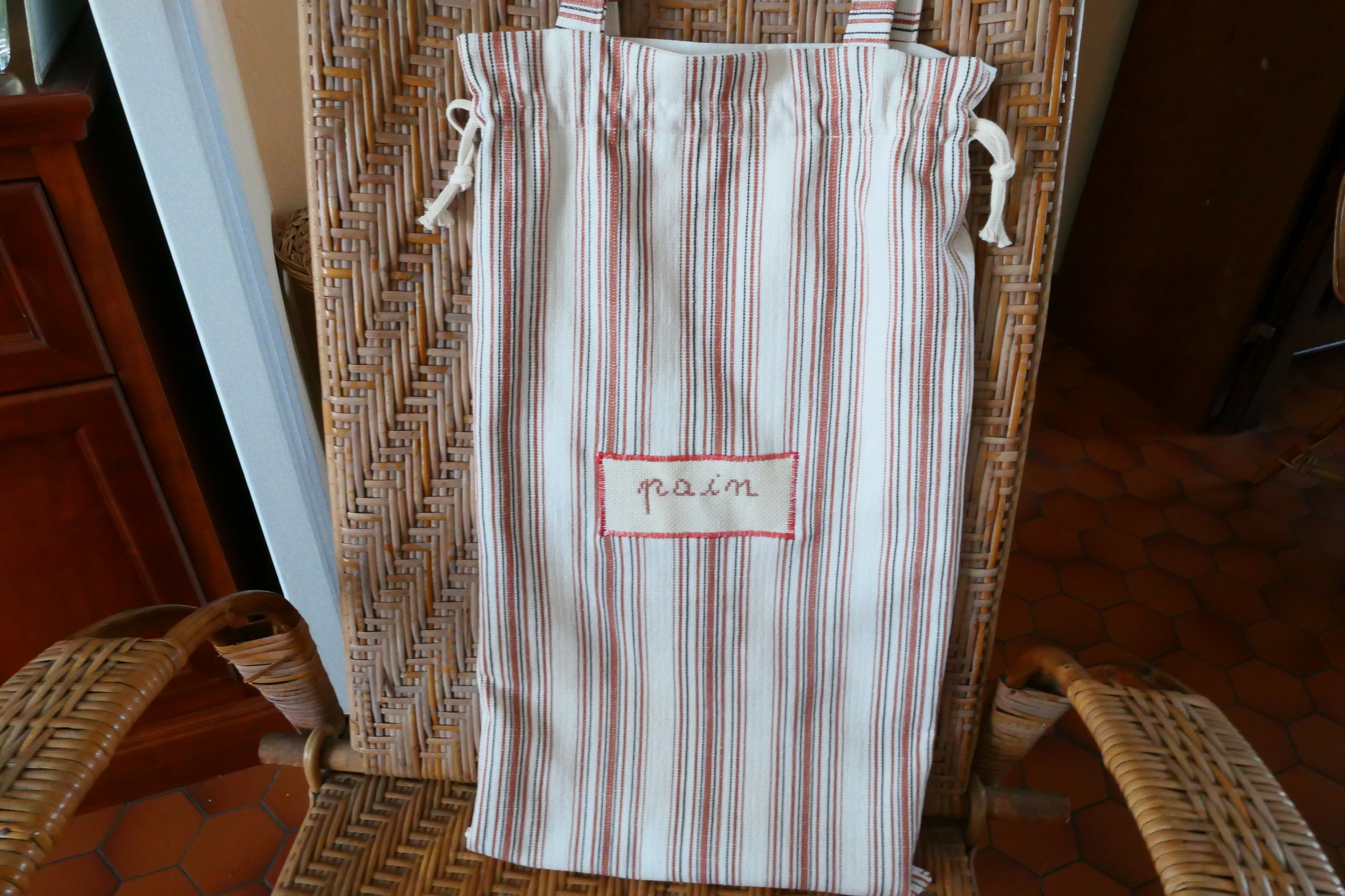 Grand Sac à Pain/Broderie Point de Croix La Main/Doublé/Fermeture Coulissée/Grandes Anses