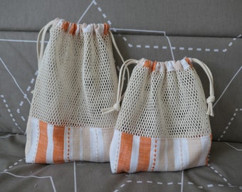 Duo bags to "Vrac"/Maille filet cotton beige/cotton striped/Double slide/Reusable/Ecological/Economic