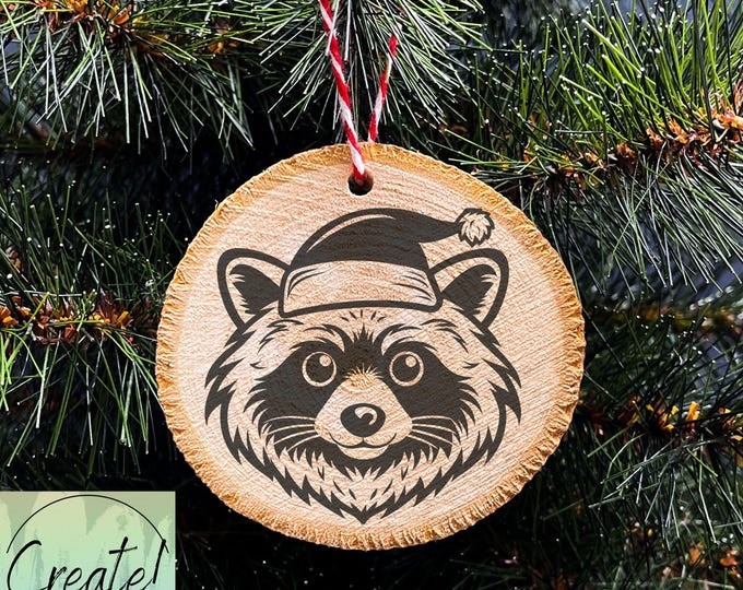 Wood Slice Christmas Ornament, Raccoon in Santa Hat ,  Engraved Ornaments, Wood Tree Slice ornament