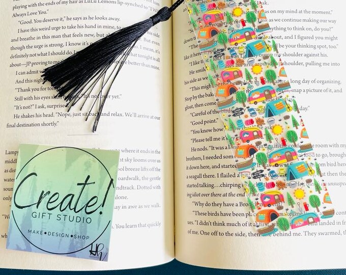 Cute bookmark with camping design and tassel for vacation readers, book lovers, gifts for teachers, bookish, book club bulk