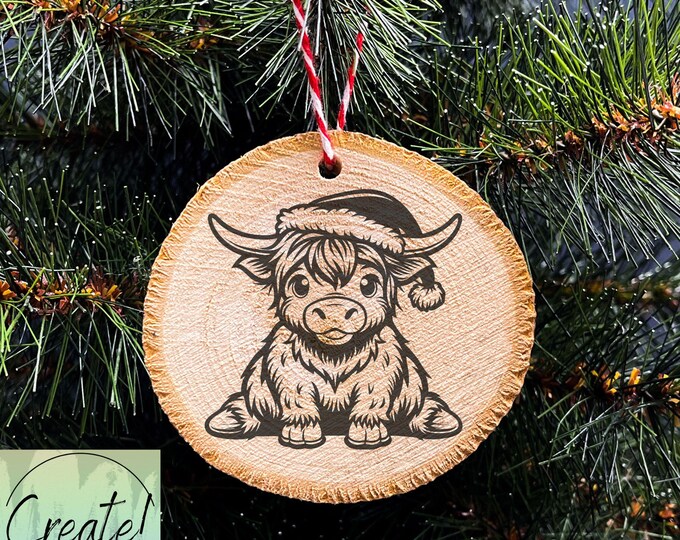 Wood Slice Christmas Ornament, highland cow in Santa hat , Engraved Ornaments, Wood Tree Slice ornament