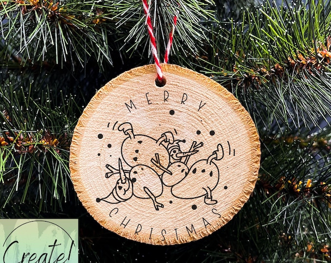 Wood Slice Christmas Ornament, Funny Snowman Ornament,  Fallen Snowmen, Silly Snowman, Engraved Ornaments, Wood Tree Slice