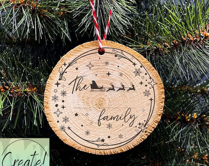 Wood Slice Christmas Ornament, Family Christmas Ornament, Last Name Ornament, with reindeer Engraved Ornaments, Wood Tree Slice