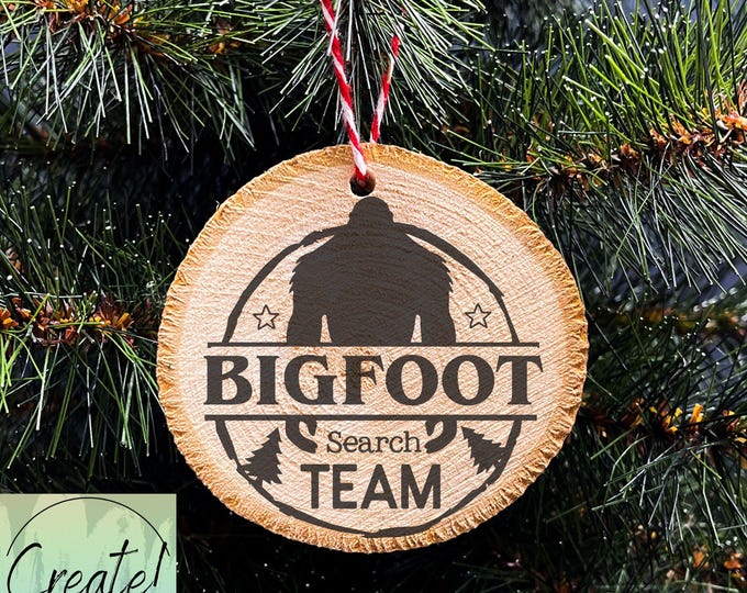 Wood Slice Christmas Ornament, Bigfoot Search Team Ornament , Merry Christmas Ornament,  Engraved Ornaments, Wood Tree Slice ornament