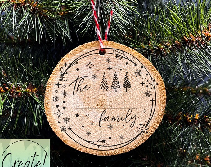 Wood Slice Christmas Ornament, Family Ornament, Last Name Ornament with Trees,  Engraved Ornaments, Wood Tree Slice ornament