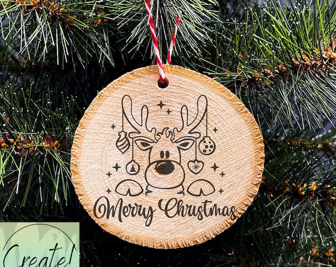 Wood Slice Christmas Ornament, Reindeer in Christmas Lights, Merry Christmas Ornament,  Engraved Ornaments, Wood Tree Slice ornament