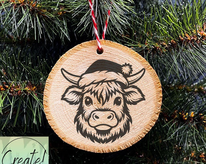 Wood Slice Christmas Ornament, Highland Cow with Santa Hat , Engraved Ornaments, Wood Tree Slice